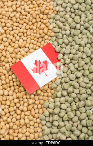 Drapeau du Canada avec des graines de soja séchées et des pois secs. Les producteurs canadiens ont rencontré des obstacles obstacles de biens agricoles entrée en Chine. Banque D'Images