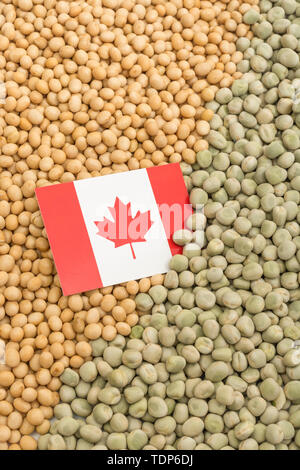 Drapeau du Canada avec des graines de soja séchées et des pois secs. Les producteurs canadiens ont rencontré des obstacles obstacles de biens agricoles entrée en Chine. Banque D'Images