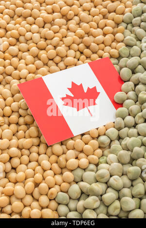 Drapeau du Canada avec des graines de soja séchées et des pois secs. Les producteurs canadiens ont rencontré des obstacles obstacles de biens agricoles entrée en Chine. Banque D'Images