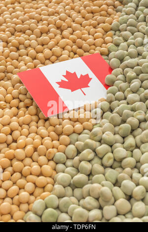 Drapeau du Canada avec des graines de soja séchées et des pois secs. Les producteurs canadiens ont rencontré des obstacles obstacles de biens agricoles entrée en Chine. Banque D'Images