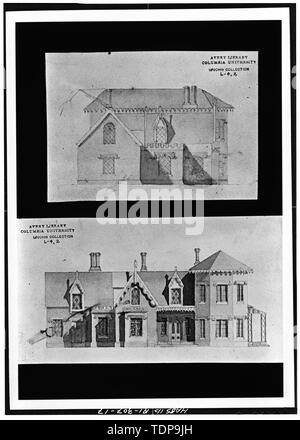 Photocopie de circa 1839 encre et lavis par Richard Upjohn dans Avery Library, Columbia University, New York, New York/élévation (ci-dessous) et arrière élévation (ci-dessus) - Kingscote, Bellevue Avenue et Bowery Street, Newport, Newport County, RI ; Upjohn, Richard ; Mason, George Champlin, Jr ; Blanc, Stanford ; Newton, Dudley ; Preservation Society of Newport County Banque D'Images