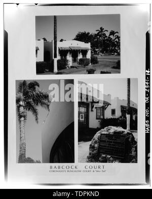 S (photographies originales en possession de Coronado Historical Association). Chris Ackerman, photographe, 1992. Trois vues de la Babcock cour- 1) BUNGALOW/avec Orange Avenue, à l'arrière, 2) plaque de bronze commémorative EN PREMIER PLAN, FRONTS BUNGALOW EN ARRIÈRE-PLAN, 3) VUE OBLIQUE DE BUNGALOW fenêtre cintrée et Villas - PARAPET Heilman, 706-720, avenue d'Orange et de 1060-1090 la Septième Rue, Coronado, San Diego County, CA Banque D'Images