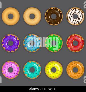 Vector illustration of colorful délicieux donuts avec divers ingrédients et saveurs sur fond gris Illustration de Vecteur