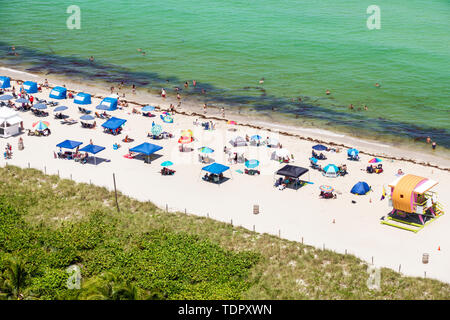 Miami Beach Florida,North Beach,Océan Atlantique,bains de soleil,parasols,ombre,rivage,sable,dune,algues,sargassum,FL190424025 Banque D'Images