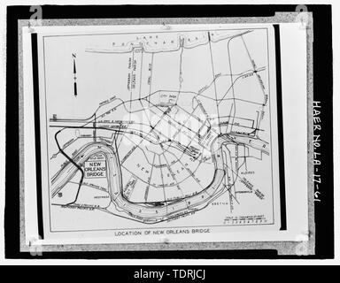 Photocopie de 3 et-189;et 5x-148 ; ET-148 ; Diapositive sur verre no. 11 de la carte. Situé dans les maisons en bois et fort -23 à la case 84 du 94 au National Museum of American History de la Smithsonian Institution, Centre d'archives, des travaux et de l'industrie Division, Washington, D.C. photographe Original, Milton R. Homes, Philadelphie, Pennsylvanie. ; DÉBUT DE LA CARTE et l'EMPLACEMENT DES NOUVELLES;-147 ORLEANS BRIDGEand-148 ; et les divers chemins de fer desservant la grande région de La Nouvelle-Orléans. - Huey P. long pont, enjambant la rivière Mississipi environ à mi-chemin entre neuf et douze milles en amont de points et à l'ouest de New Orlea Banque D'Images