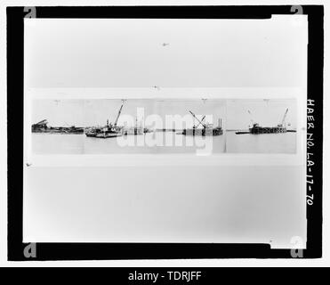 Copie photographique du 20 octobre 1933, noir et blanc studio vue panoramique. Situé dans le dossier 3 de 3 à la case 15 du 94 au National Museum of American History de la Smithsonian Institution, Centre d'archives, des travaux et de l'industrie Division, Washington, D.C., Charles L. Frank, photographe, les Billings Studio. ; 20 octobre, STUDIO VUE PANORAMIQUE SUR L'UNE DES DEUX PARTIE DE L'ENSEMBLE DES PILES DU PONT EN CONSTRUCTION À LA RECHERCHE VERS L'AVAL À PARTIR DE LA RIVE EST À GAUCHE EN DIRECTION DE CISJORDANIE À DROITE. - Huey P. long pont, enjambant la rivière Mississipi environ à mi-chemin entre neuf et douze milles en amont de points et à l'ouest de Banque D'Images