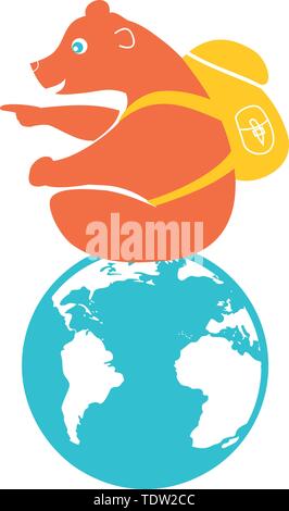 Globe avec un ours avec un sac à dos qui lit une carte pour voyager Illustration de Vecteur