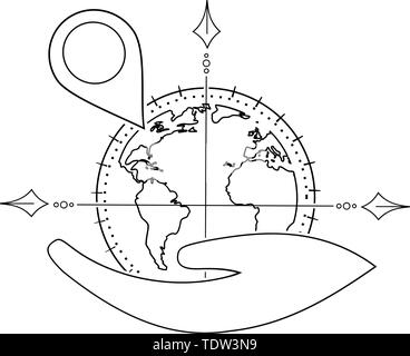 Un axe positionné sur un globe dans une main pour indiquer un emplacement Illustration de Vecteur