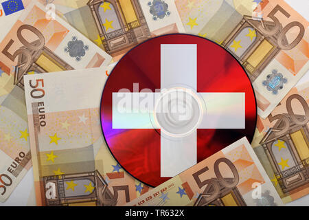 CD avec la croix suisse et l'euro des factures, compte bancaire suisse, Suisse Banque D'Images