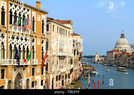 Le palais Cavalli-Franchetti sur le Grand Canal, l'église Santa Maria della Salute en arrière-plan, l'Italie, Venise Banque D'Images