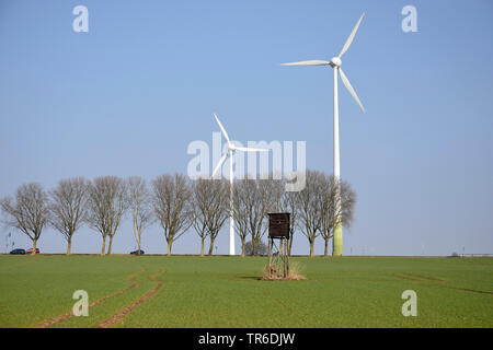 Paysage de champ avec hide, rangée d'arbres et les roues du vent au printemps, l'Allemagne, Rhénanie du Nord-Westphalie Banque D'Images