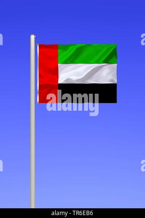 Pavillon des Emirats Arabes Unis contre le ciel bleu, Emirats Arabes Unis Banque D'Images