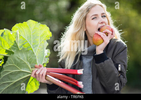 Rhubarbe (Rheum rhabarbarum), jeune femme blonde avec de la rhubarbe a mordre avec plaisir dans une pomme, Allemagne Banque D'Images