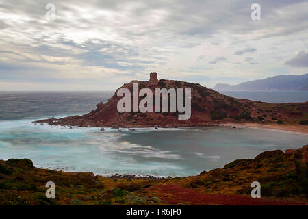 Tower, bay et plage de Porto Ferro dans la soirée, l'Italie, Sardaigne, Alghero Banque D'Images