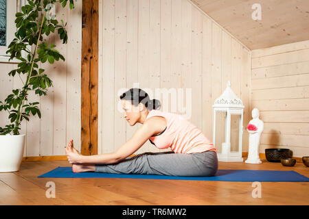 Woman practicing yoga sur un tapis de yoga à la télévision, Allemagne Banque D'Images