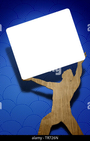 Infographie 3D, Case white publicité régie tienne par homme figure en bois Banque D'Images