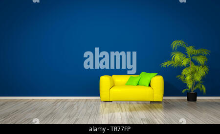 3D computer graphic, design d'intérieur avec un canapé de couleur jaune contre un mur de couleur bleu Banque D'Images
