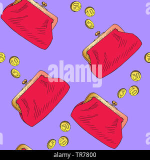 Sac à main rouge avec des pièces d'or pour en elle, à la main, croquis doodle pattern design transparente sur le doux fond violet Banque D'Images