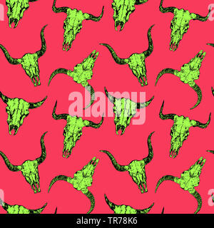Crânes vert vif des taureaux avec des cornes, l'encre à la main, croquis, doodle seamless pattern design sur fond rose Banque D'Images