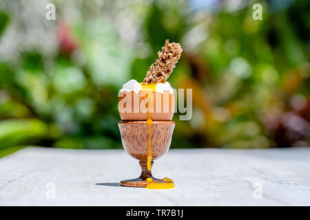 Soft oeuf dur en coquetier avec tranche de pain grillé sur la table en bois blanc dans la nature background, Close up Banque D'Images