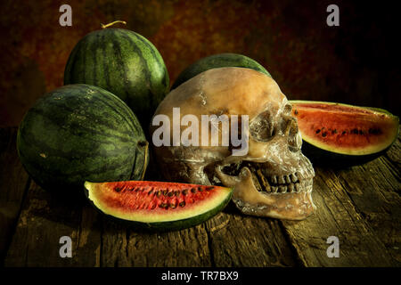 Nature morte au crâne et pastèque Banque D'Images