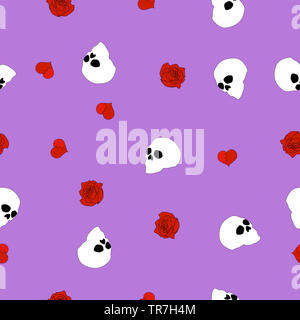 Motif crâne humain blanc transparent, rouge coeurs brisés, roses sur fond violet. Tête d'impression, de l'os Spooky cute cartoon dead face papier peint. Valentine Banque D'Images