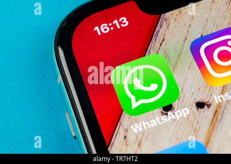 Kaliningrad, Russie, le 19 septembre 2018 : l'icône de l'application Whatsapp messenger sur Apple iPhone X de l'écran du smartphone close-up. Whatsapp messenger app Banque D'Images