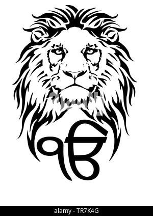 Inscrivez-Ek Onkar est le symbole le plus significatif du sikhisme, décorée d'un lion avec une longue crinière, sur un fond blanc, isolé, dessin de tatouage Banque D'Images