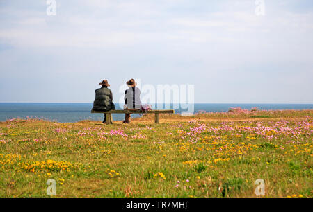 Vue d'un couple sur une assise en bois par le chemin de la côte de Norfolk regardant la mer en Amérique du Norfolk à Weybourne, Norfolk, Angleterre, Royaume-Uni, Europe. Banque D'Images