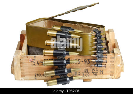 Boîte de munitions de l'armée soviétique. Texte en russe - type de munition ('5,45 - 5,45 mm PPSG' cartouches pour fusil d'assaut AK74), le numéro de lot et la production Banque D'Images