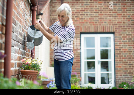 Senior Woman Watering plants à l'arrosoir de jardin à la maison Banque D'Images