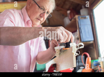 Senior Man Enjoying Rabotage Menuiserie bois dans la remise de jardin Banque D'Images