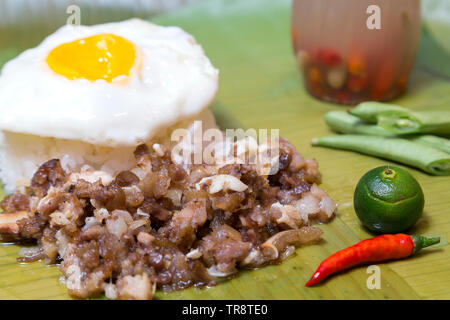 Plat traditionnel des Philippines Philippines : sisig de porc avec du riz et des oeufs Banque D'Images