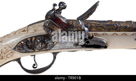 Pistolet à silex avec un stock d'Ivoire, en partie à St Etienne, 2e moitié du 18e siècle, canon rond avec nervure médiane et renforcé, à museler, Additional-Rights Clearance-Info-Not-Available- Banque D'Images