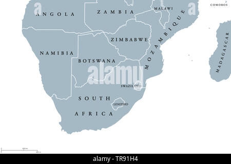 L'Afrique du Sud carte politique de la région. Région la plus méridionale du continent africain. L'Afrique du Sud, Namibie, Botswana, Swaziland et Lesotho. L'anglais. Banque D'Images