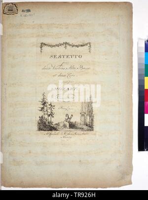 Page de titre d'un sextette de Wolfgang Amadeus Mozart, page de titre : Sestetto pour deux violons, alto, basse il deux coeur. sextette de Wolfgang Amadeus Mozart. Offenbach : Andre 1798. première impression, Additional-Rights Clearance-Info-Not-Available- Banque D'Images