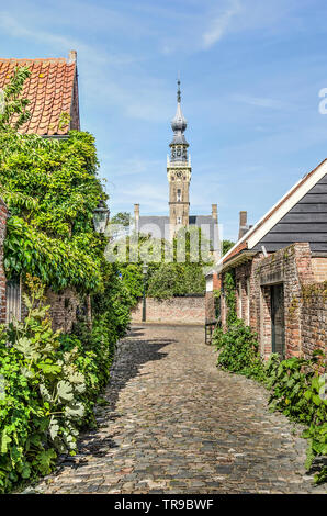 Dordrecht, Pays-Bas, Mai 30, 2019 : voir à travers une ruelle étroite pavée de pierres et de galets bordée de jardins et de maisons, vers la tour de la Banque D'Images