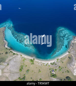 Vu d'une vue aérienne, la santé des récifs de corail marge la magnifique île de Gili Darat dans le Parc National de Komodo, en Indonésie. Banque D'Images