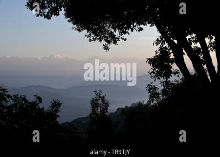 Contreforts, vallées et sommets enneigés de l'Himalaya dans la brume du matin, la silhouette des arbres et de la vue de Dhulikhel, Népal Banque D'Images