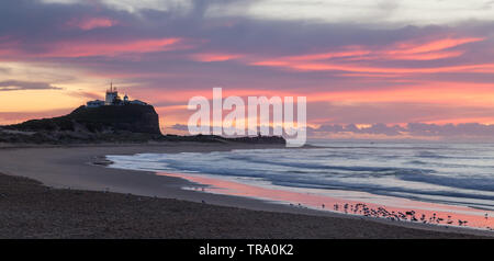 Lever de soleil à la plage de Nobbys et phare de monuments célèbres dans la ville portuaire de Newcastle NSW Australie Banque D'Images