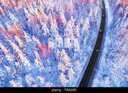 Vue aérienne d'une voiture sur la route d'hiver dans la forêt. Paysage d'hiver campagne. Photographie aérienne de la forêt enneigée avec une voiture sur la route. Capturé f Banque D'Images