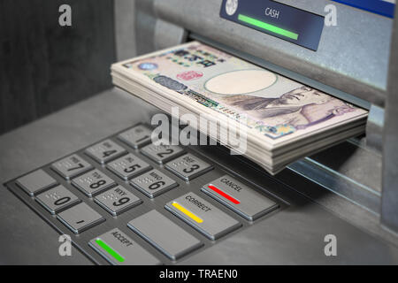 Distributeur de billets et yen. Le retrait des billets de 100 yens. Voyage concept. 3d illustration Banque D'Images