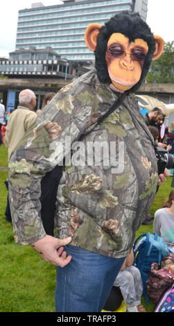 Un "Carnaval de défilé des créatures pour protester contre le changement climatique et le lobbying d'action pour arrêter le réchauffement, arrive dans les jardins de Piccadilly, Manchester, UK, le 1er juin 2019. Le défilé a été organisé par le groupe d'action climatique de la famille jusqu'à la hausse ! Les familles de Manchester pour accroître la sensibilisation et de la demande que des mesures soient prises pour protéger la nature. Le groupe a invité les familles à Manchester Art Gallery au cours de la moitié à faire à long terme accessoires pour le carnaval. Banque D'Images