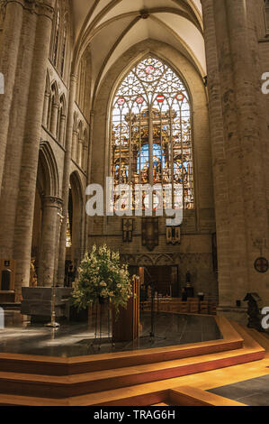 Vitraux, colonnes et autel de la Cathédrale Saint Michel et Gudule à Bruxelles. Ville accueillante et dynamique et capitale de la Belgique. Banque D'Images