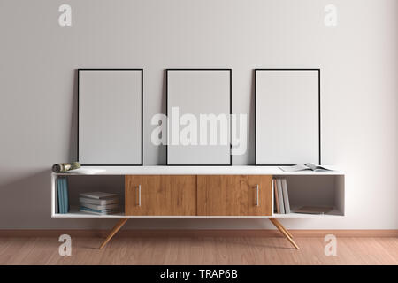 Trois affiches vertical blanc maquette avec cadre noir sur l'armoire dans le salon intérieur. 3d illustration Banque D'Images