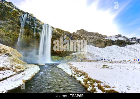 Vue de la cascade de Seljalandsfoss le matin en hiver en Islande. Banque D'Images