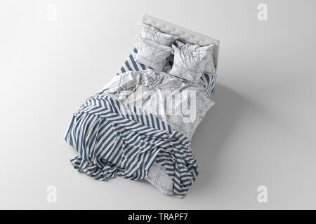 Lit avec couette, draps et oreillers isolé sur blanc. Haut de la vue de côté. 3D render Banque D'Images