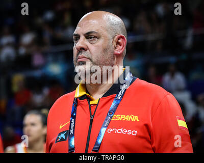 Espagne, Ténérife - Septembre 29, 2018 : l'entraîneur-chef espagnol, Mondelo Lucas, lors de match de basket-ball l'Espagne contre l'Australie. Banque D'Images