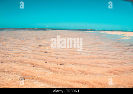 Les crêtes de sable et ondulations sur plage avec de l'eau bleue dans le Pernambuco, Brésil - Areia vermelha Banque D'Images