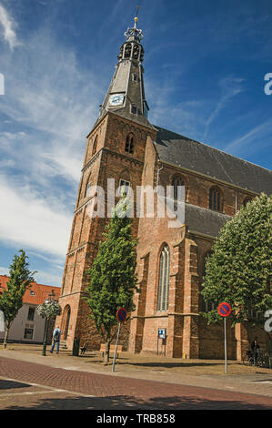 Le clocher de l'église façade de briques en face d'une rue étroite à Weesp. Agréable village plein de canaux et green en Pays-Bas. Banque D'Images